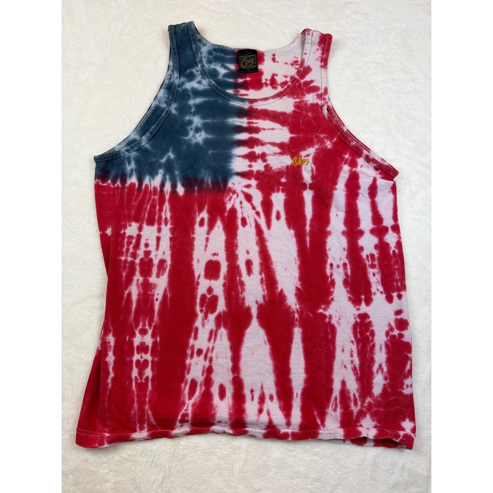 Obey Mens American Flag Tie Dye Tank Top Red White Blue Streetwear Size M